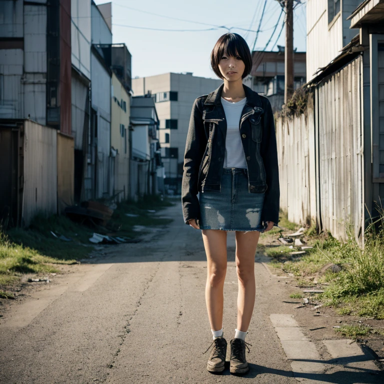 A Japanese Lady, look at viewr, ((very Short hair)), (((skinny:1.3)), 27-years old . day, Outdoors, Post-apocalypse, Ruins,