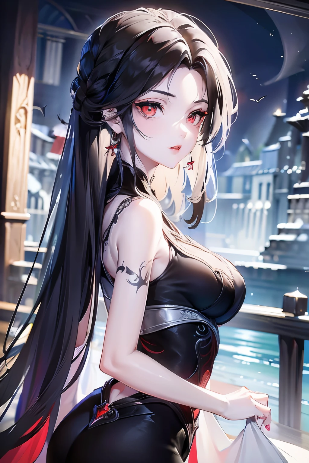 (Masterpiece, Best quality, ultra-high resolution), 1 girl,black hair,(colored skin,red skin),topless, shorts,with tattoos all over the body, magical engravings, beautiful and detailed face, detailed eyes,(gray ,blue,green,black theme) large breasts, thick hips, naked, nsfw