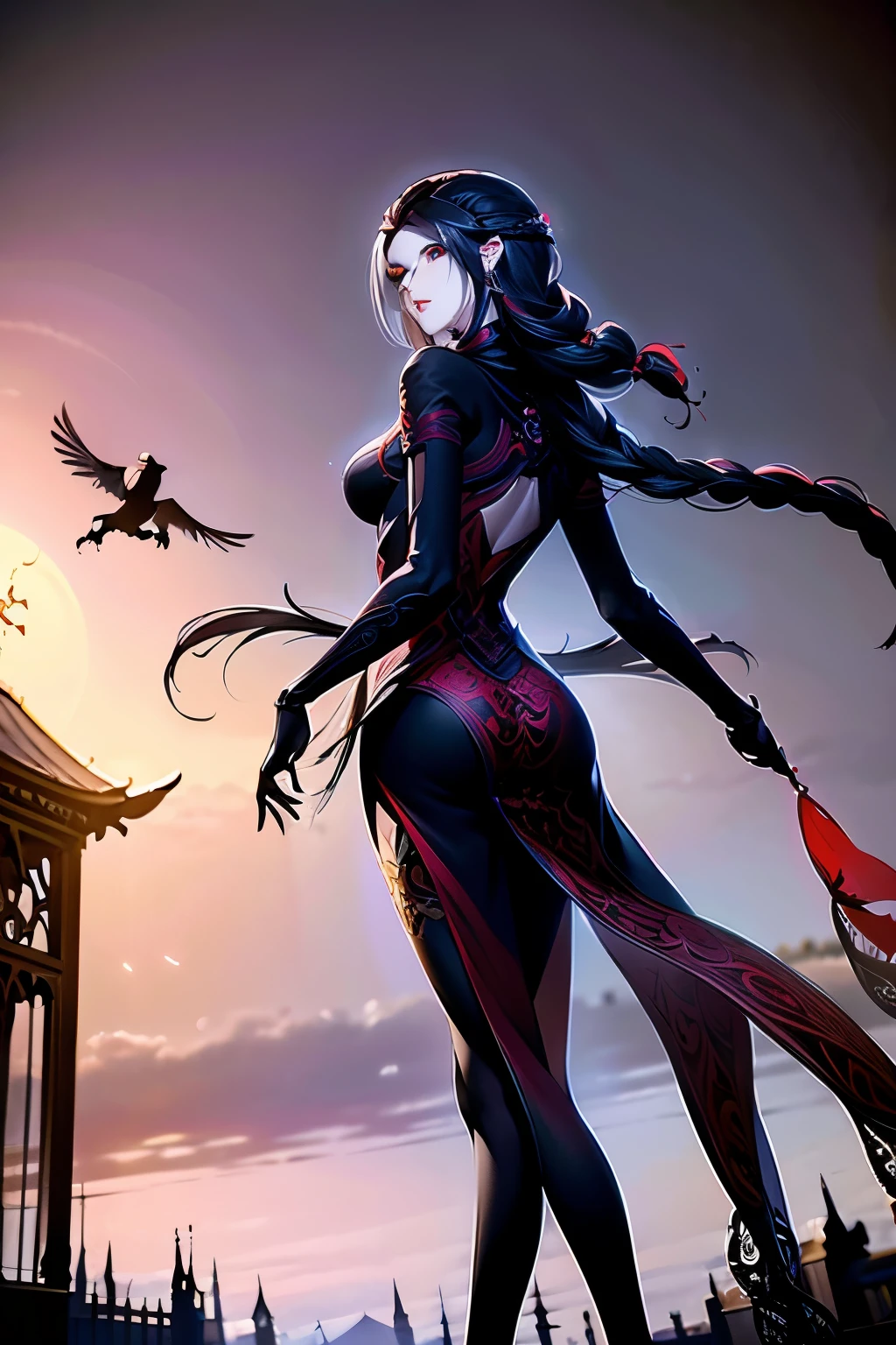 (high quality,best quality,masterpiece:1.2),1 girl,beautiful and delicate eyes,Beautiful and delicate lips,Extremely detailed eyes and face,long eyelashes,black hair,red eyes,earrings,view from behind,Show back,skirt,Blood,dark atmosphere,gothic style,pale skin,color tattoo,Crow crows,Unforgettable background music,mysterious lights,soft focus,bright colors