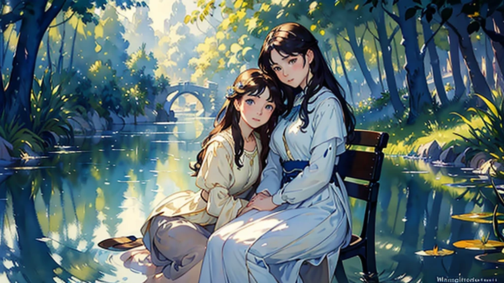 ((Watercolor by Sargent))、(highest quality、masterpiece)、soft light、There are two women sitting on a bench near a body of water, magali villeneuve and monet, pre-raphaelite oil painting, pre-raphaelite style, inspired by Edmund Leighton, Pre-Raphaelite paintings,