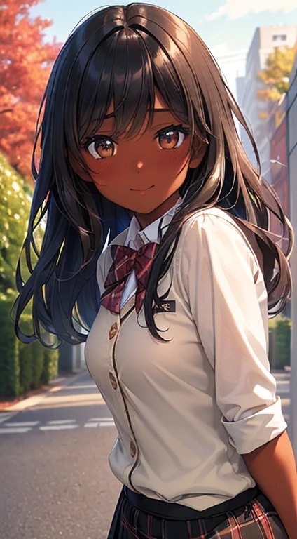 ((desktop, best quality, high quality, art, high resolution, nffsw, detailed, pixel perfect, perfect, detailed, absurd, ultra 8K HD, nffsw, nffsw))), 1 dark skinned woman, beautiful black girl, single, alone, beauty、full body seen、((medium wavy hair, bangs, bright olive skin, black hair, dark skin)), ((brown eyes, beautiful eyelashes, olive skin, realistic eyes)), ((detailed face , blush: 1.2)), ((soft texture: 0.75, realistic texture: 0.65, photorealistic: 1.1, CG anime style)), medium breasts, dynamic angle, beautiful and perfect body, (( red bow tie, school uniform, black jacket , open jacket, brown cardigan, white shirt, black skirt, plaid skirts)), in a park with trees and flowers、Looking at the viewer、Very embarrassing panic smile,wallpaper, I turned around、leaning forward、(The wind blew my skirt and exposed my butt. ........ . .. .. ... ..、Touch the buttocks with both hands、White panties) 、