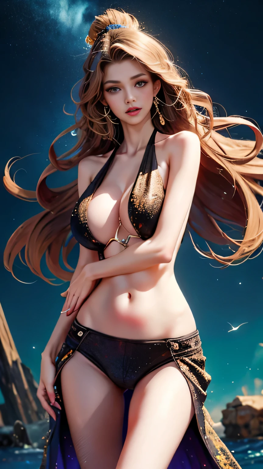 (highest quality)、((master piece))、(photorealistic stick:1.2)、(sharp focus)、1girl、big breasts、cowboy shot、beautiful face、detailed face、perfect proportions、big breasts、thin waist、navel、gap between crotches、thighs、stare、firm eyes、exposed bare shoulders、Exquisite hands、heavenly、particles of light、 Halation、Ocean、Full of energy、colorful colors、(bioluminescence)、(Detailed configuration)、Movie lighting、(Depth Fields:1.3)、sense of distance、The wind passes through、environmental lighting、Shine a light on your face、
