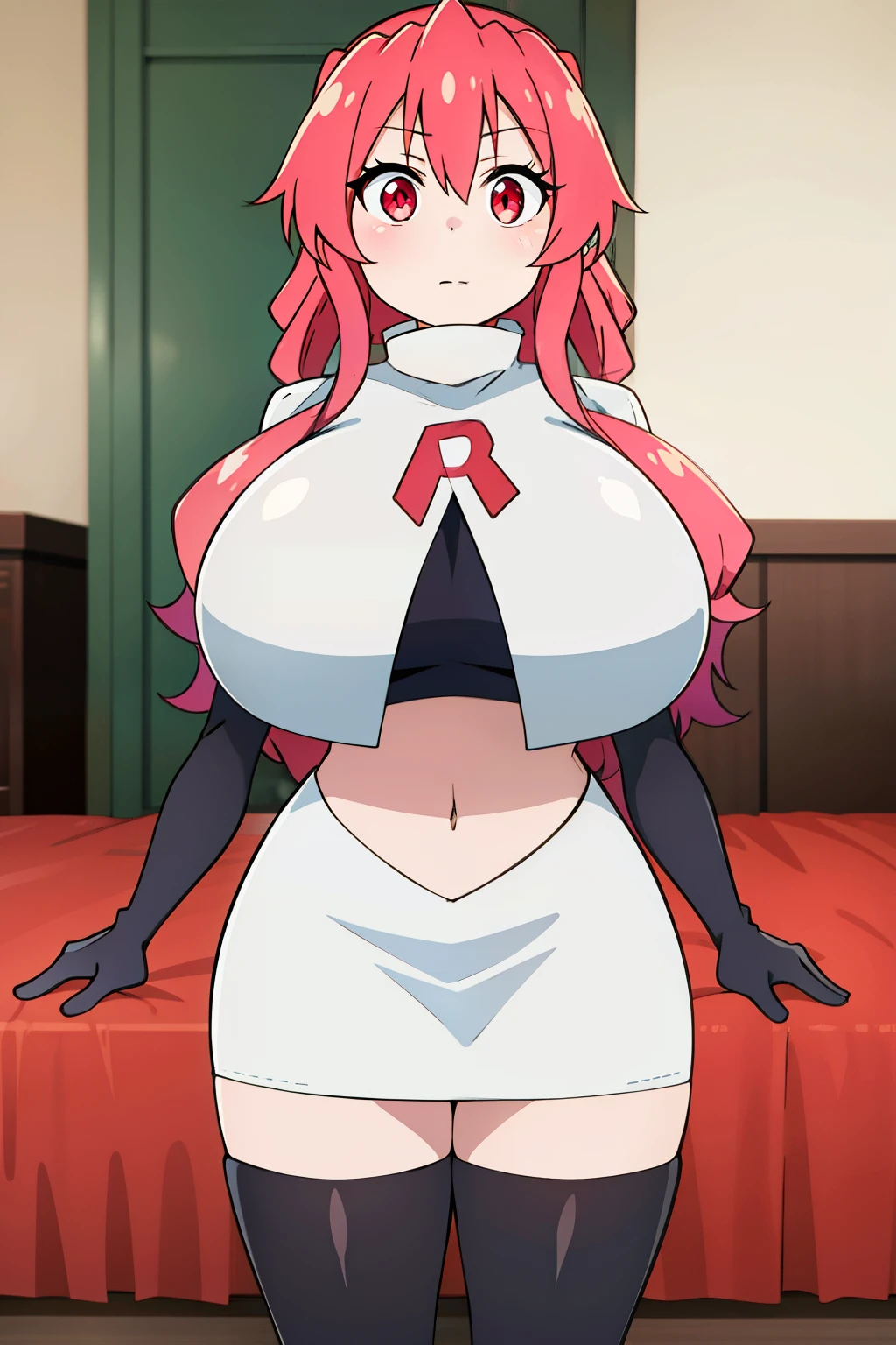 masterpiece, perfect lighting, (beautiful, best quality:1.3), perfect eyes, absurdres, 8k,
1girl, solo, (absurdres), finely detail,
ilulu_maiddragon, red hair, long hair, huge breasts, red eyes, twintails, horns, huge breasts,
team rocket,team rocket uniform, red letter R, white skirt,white crop top,black thigh-highs,black elbow gloves