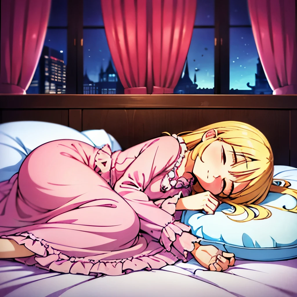 最high quality, masterpiece, highest resolution, artwork, super be familiar with, many detailed, detailed, be familiar with, woman, 10 years old, pink_bed,king_size_bed,canopy_bed,pink_frilled_pillows,pink_frilled_curtain,pajama_girl ,pink_pajama frilled_pajama,long skirt,frill and ribbon headdress,long sleeve,Ruffled sleeves,blonde,Rolled hair,blue eyes,sleeping face,beautiful_girls,Eyes closed,Plush pillow,Fluffy futon,ruffle futon,少女は布団を被って眠っている 
a close up of a bed with a canopy and pillows, with soft pink colors, Princess, bed, beautiful, fantasy!!!, beautiful, ((pink)), beautiful”, bed is not made, pink, fairy tale, Gorgeous, heaven pink, celebrity, sleeping Princess!!!!, elegant, extravagant, small, high quality], (pink colors), adorable, girly bedroom