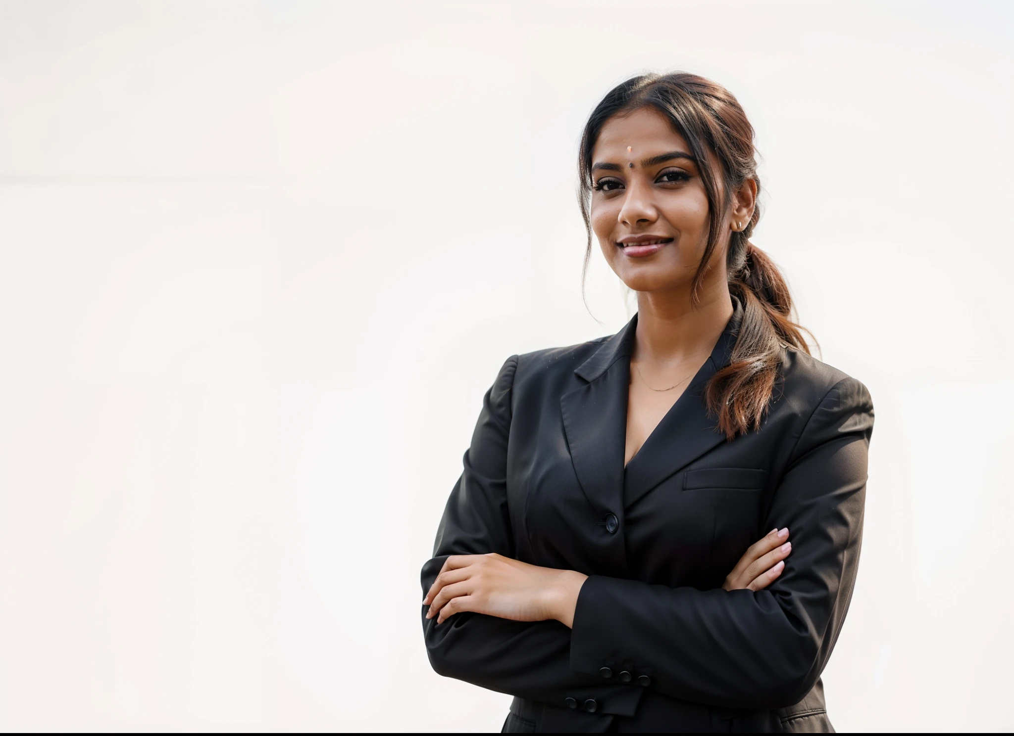 (Indian beautiful business woman),(detail),smiling indian woman in a black suit with arms crossed, woman in black business suit, woman in business suit, girl in a suit, girl in suit, professional profile picture, young business woman, photo of a woman, professional profile photo, professional image, wearing black business suit, well lit professional photo, wearing a business suit, amazing professional picture, female lawyer, solid background, combed well