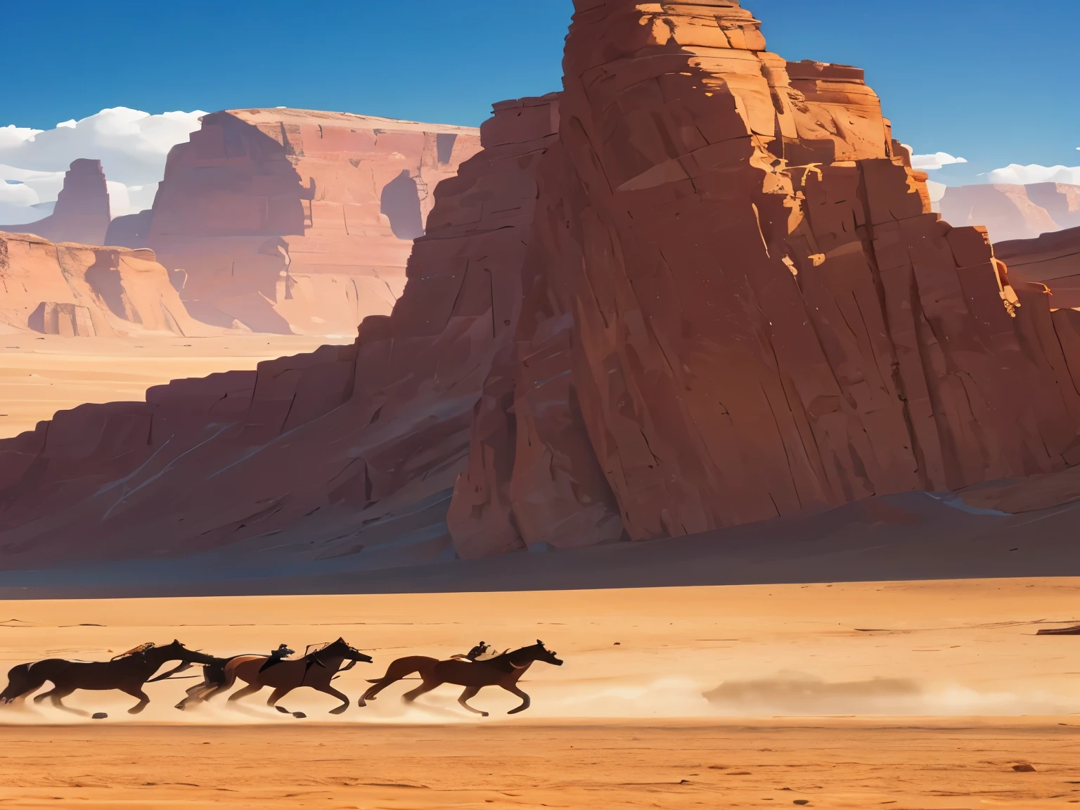 3 horses without people on them running on the desert with mountains and cliffs at the background