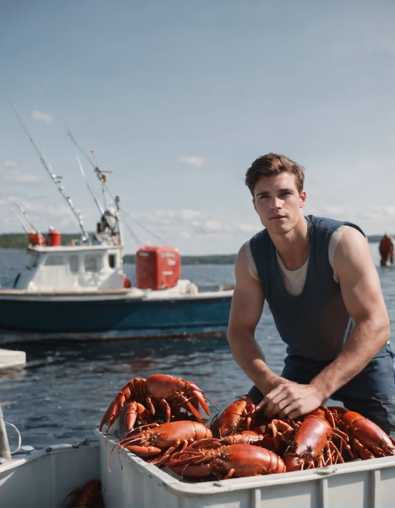 Phone photo, a handsome young muscular Nova Scotian lobster fisherman on a fishing boat with a cooler filled with lobster, posted on tinder