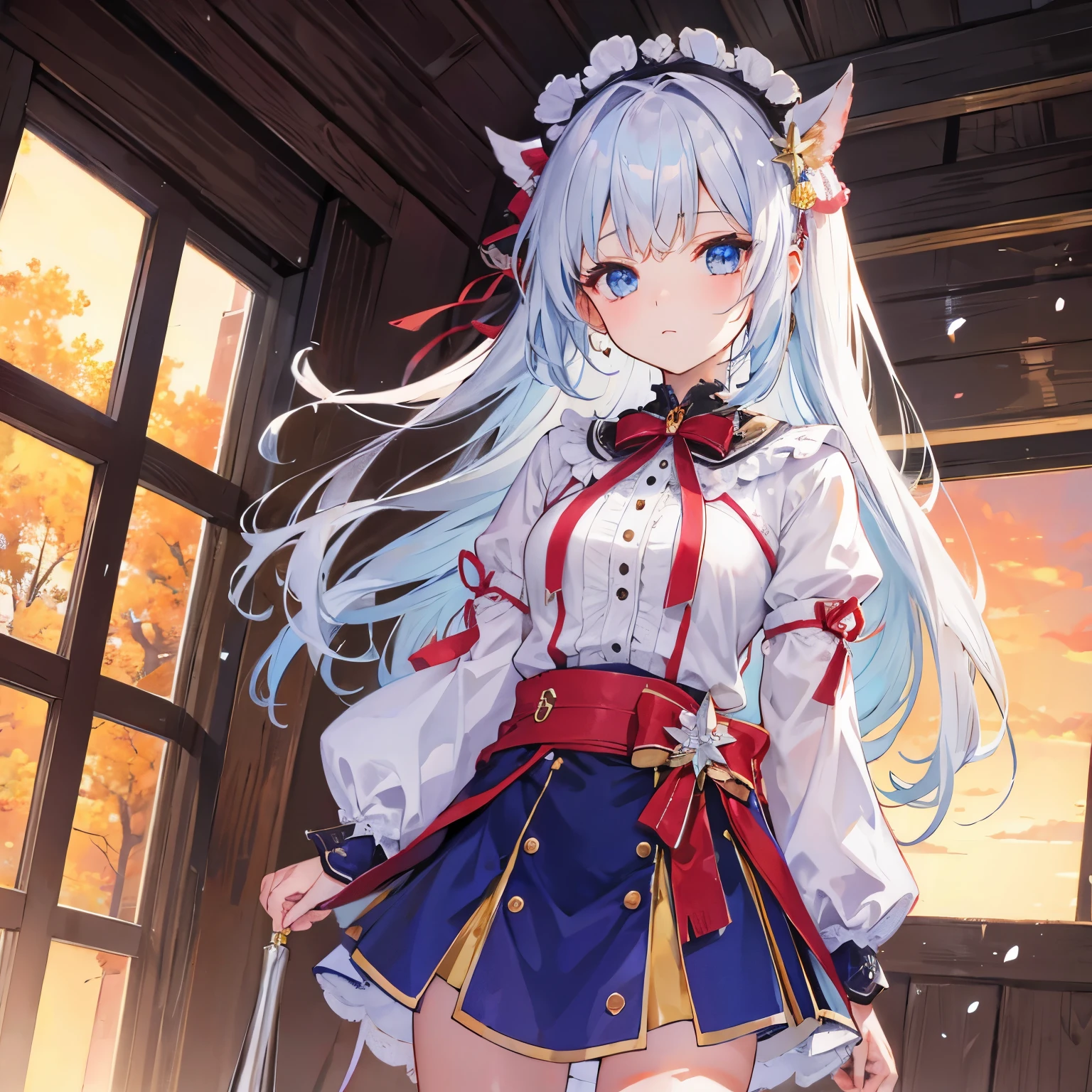 ((4k、8k、top-quality、perfect fingers: 1.3、perfect anatomia: 1.3、Background blur))、((1人))、((sixteen years old、a beauty girl 、a baby face、(Red and white leotard show shrine maiden clothes、long-sleeve)、long straight hair、beautiful big slanted eyes))、Happy smiling face、Full body display、Blue summer sky、meadow by the lake、