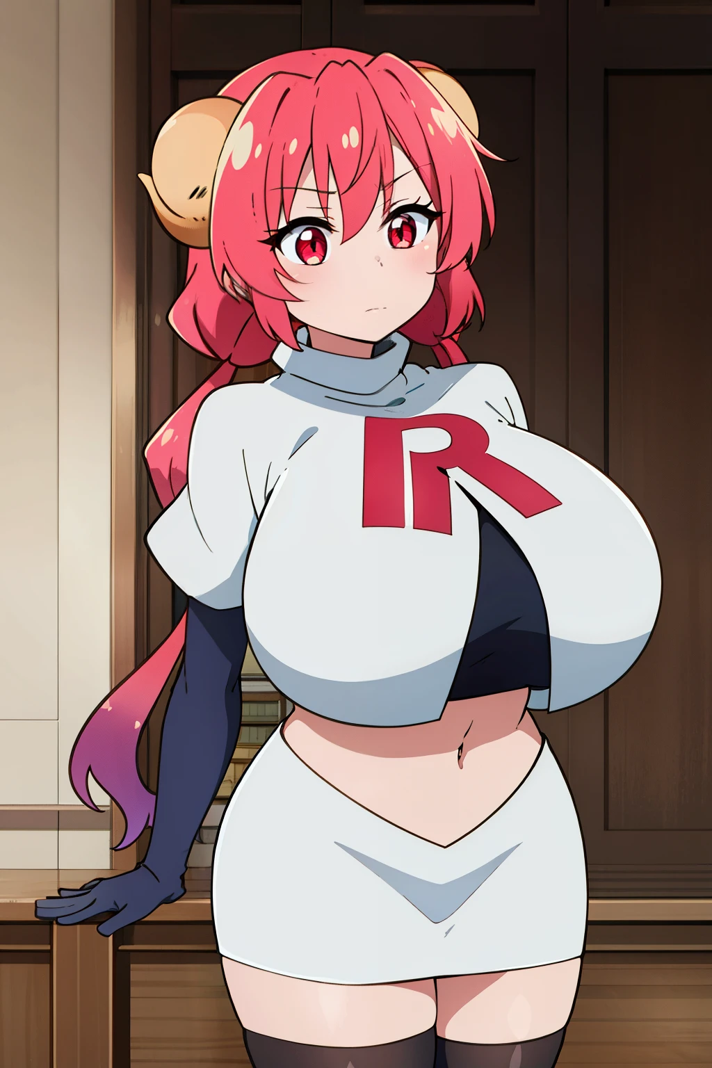 masterpiece, perfect lighting, (beautiful, best quality:1.3), perfect eyes, absurdres, 8k,
1girl, solo, (absurdres), finely detail,
ilulu_maiddragon, red hair, long hair, huge breasts, red eyes, twintails, horns, huge breasts,
team rocket,team rocket uniform, red letter R, white skirt,white crop top,black thigh-highs,black elbow gloves