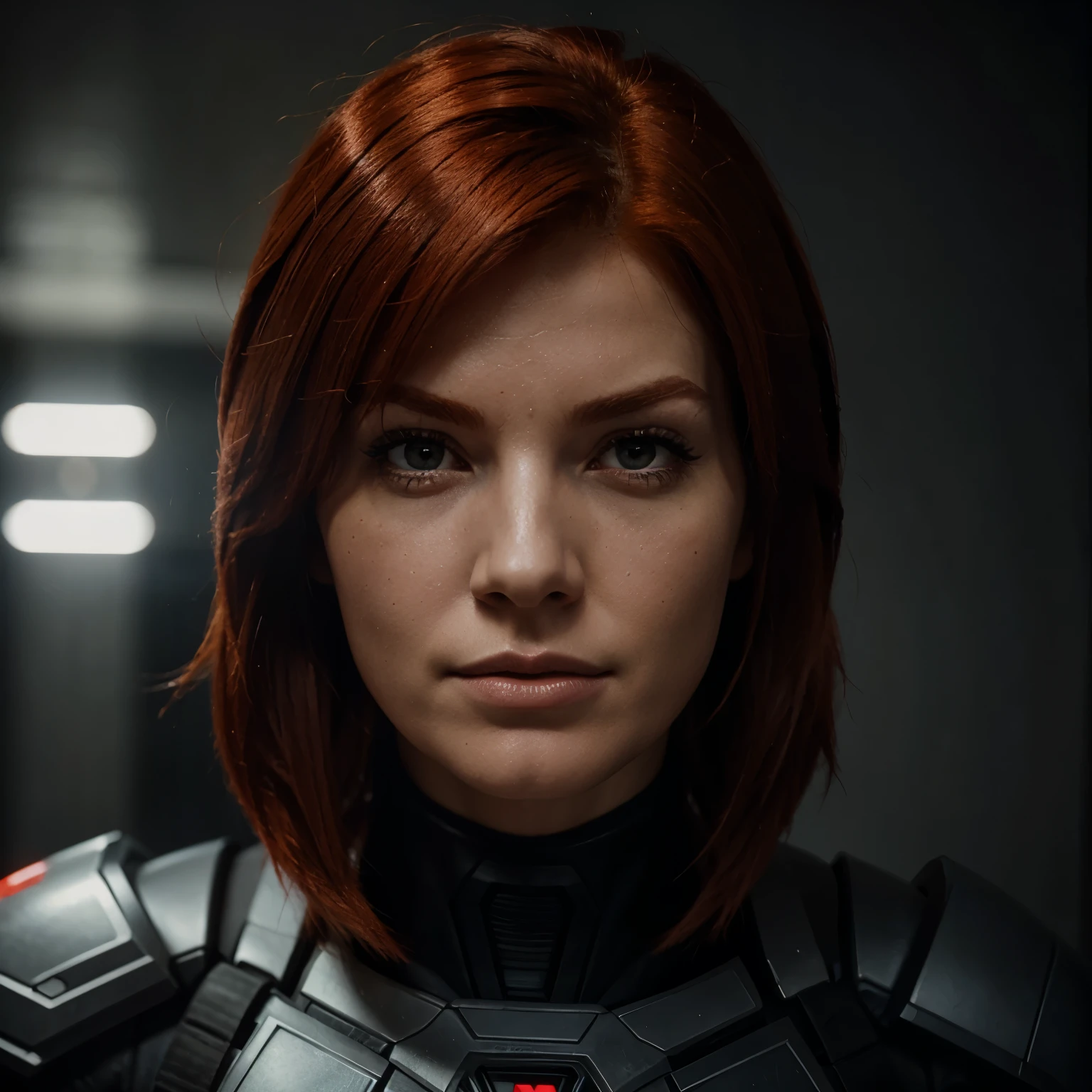 Red head femshep portrait, view from neck up