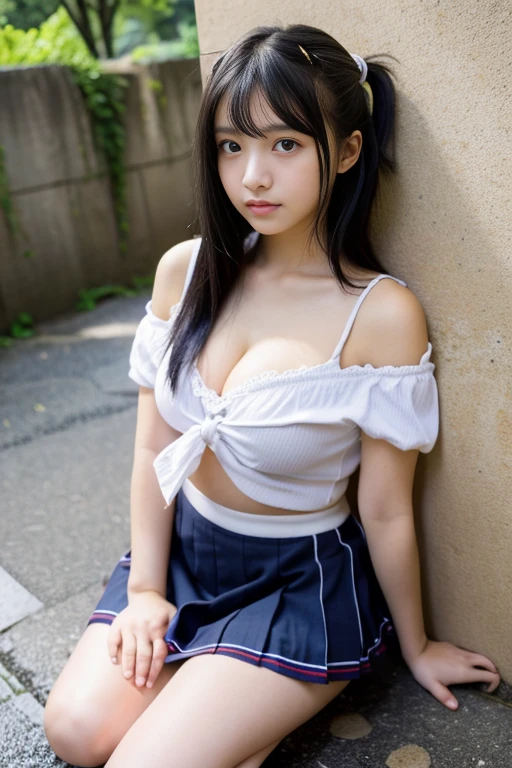 ((highest quality)), ((masterpiece)), 17 year old real Japanese beautiful girl idol high school student、Tie your hair into one、beautiful thighs、beautiful little cleavage、Mini skirt 30 cm above the knee、Cornered against a wall by a thug in the ruins、the skirt is cut、heavy rain、hands tied behind head、beautiful armpits