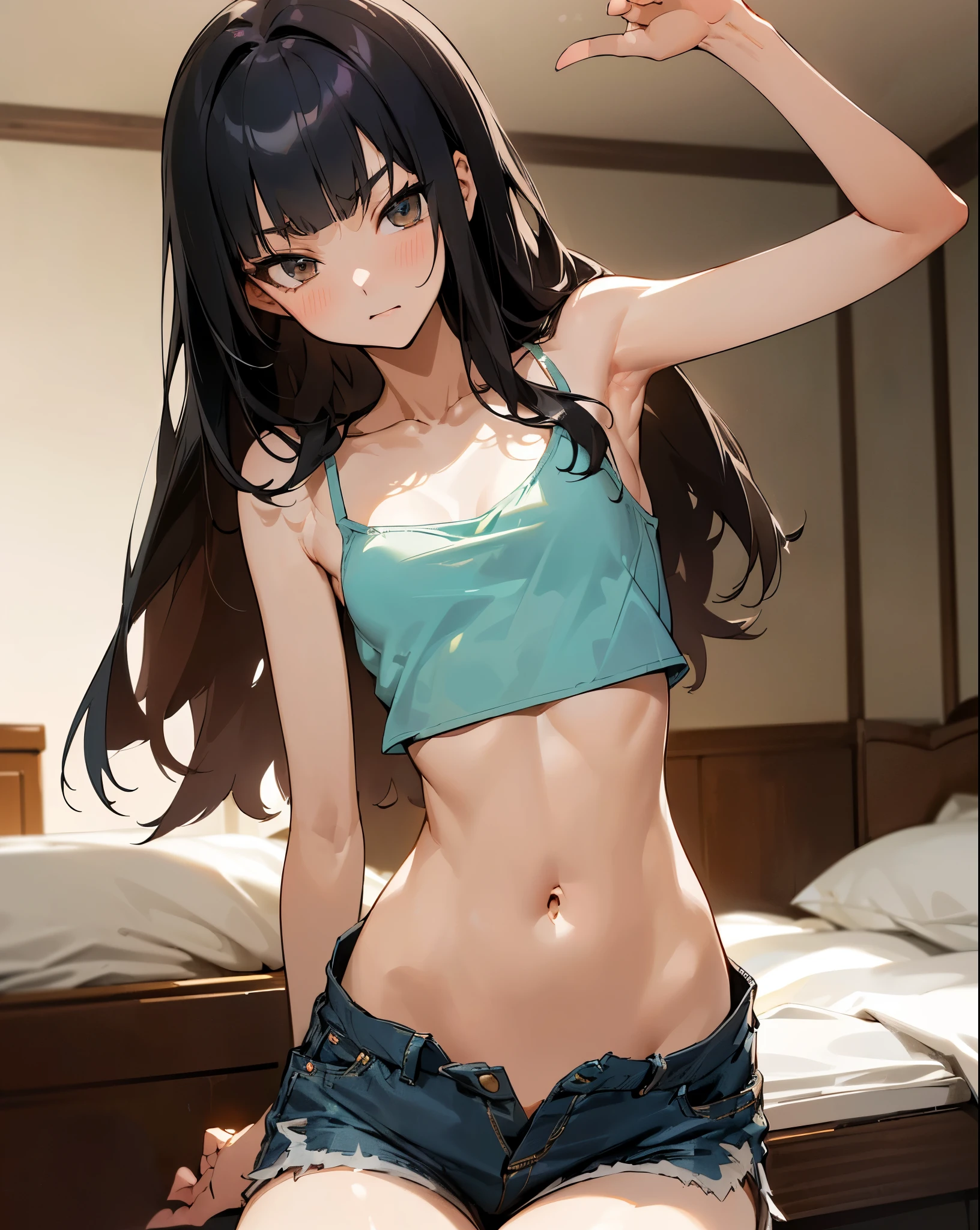 (japanese manga、Best Quality,masterpiece,Detailed beautiful face and eyes)),cowboy shot,(focus 1woman,solo),20-year-old,Adult beauties、Japanese,blacke hair,long hair,blunt bangs,shy look,((smaller head:1.4,skinny:1.3,ideal ratio body proportions:1.4,medium breasts,gleaming skin:1.2)),(((Room wear:1.5,underboob:1.3,camisole、shorts))),sitting,Simple bed,simple bedroom、