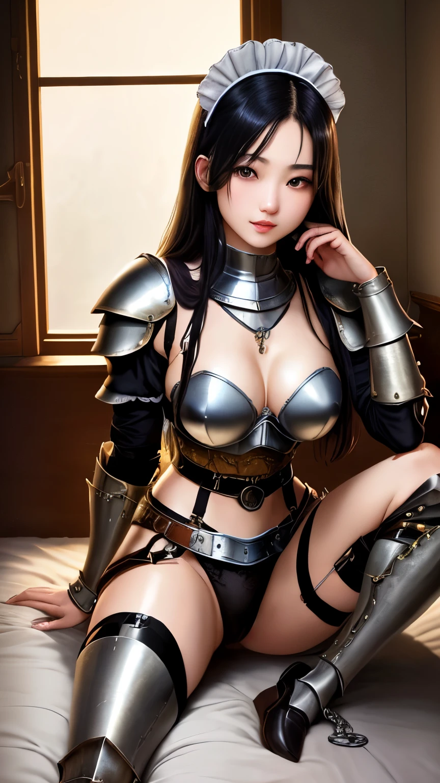 最high quality、high quality、best image quality、8K、最High resolution、High resolution、最high quality、masterpiece、RAW photo、whole photo、realistic atmosphere、(detailed face)、(fine hands、thumb1reference4)、(beauty of japan )、very nice face、beautiful face、((beautiful japanese girl))、(japanese woman), ((18 year old beautiful girl))、(glossy black hair)、(long straight hair)、whole body、(beautiful breasts)、slim style、(shiny skin)、(Fair skin)、realistic human skin、realistic human body structure、perfect body, perfect face, perfect hands, perfect fingers, perfect lips, perfect eyes,perfect teeth、perfect background round, beautiful skin,looking at camera、soft natural light、Interior of a medieval European-style Western-style building、Interior decorated with artwork from the 1690s、 Interior of a 1600s mansion、Classic Bedroom、complex room、Classic interior、((mirror metallic(steampunk maid armor))、((mirror metallic(bra type metal breastplate))、((mirror metallic(T-shaped metal chastity belt))、((maid armor, metal breastplate, Wearing a metal chastity belt as a set))、((sit on the bed(open your legs wide))
