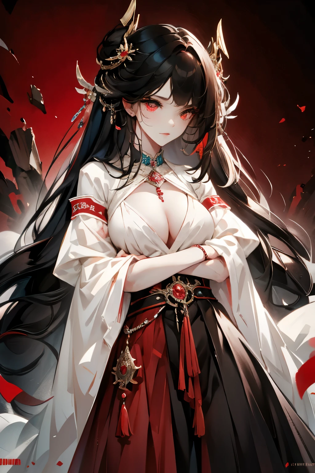 best quality, intricate details, Color difference, 1 girl, long hair, black hair, messy hair, red highlights, hair covering one eye, red eyes, sharp vision, collar,, , armband, both arms放在背后, both arms,  