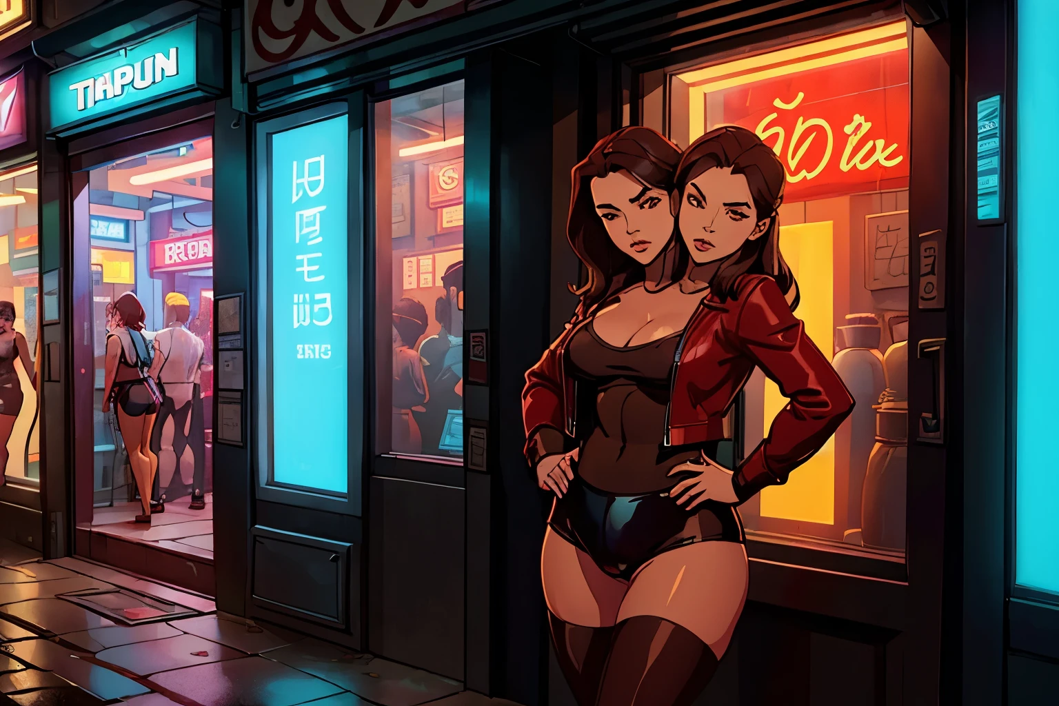 Red light district, damp and dirty environment, trash scattered in the streets, reflection of neon lights in the damp streets, human shop windows, half naked men in shop windows, ((bangkok style)), 1man poses in front of the windows, (2heads), conjoined dicephalus, dressed like a thai hooker,thai, brown hair with highlights, perky breasts, stockings, ((big bulge:1.2)), feminine face, no body hair, no facial hair, wide hips, thick thighs, wide shoulders, flabby,8k, hyper realistic, photography, unbuttoned red leather jacket