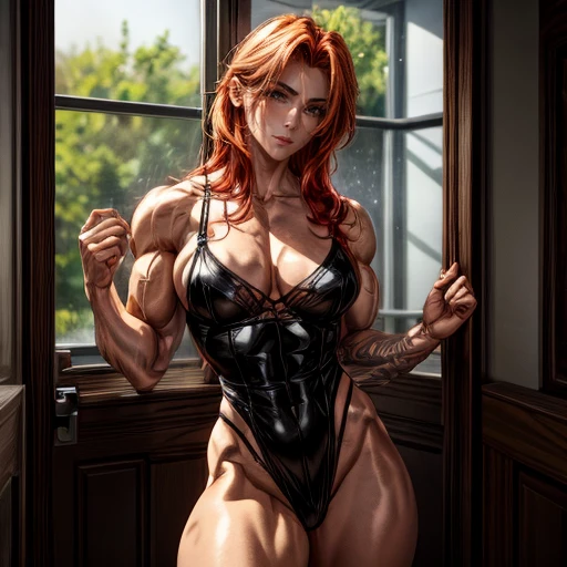 Muscular and virile sexy redhead woman wearing very revealing black lingerie, cuerpo completo, mostrando su polla enorme y realista