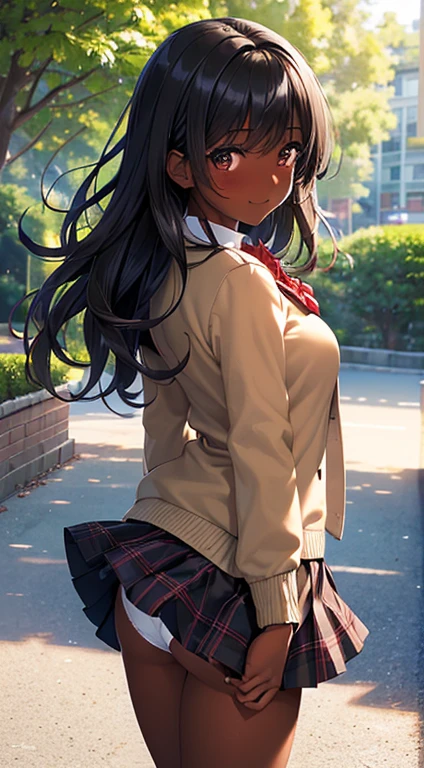 ((desktop, best quality, high quality, art, high resolution, nffsw, detailed, pixel perfect, perfect, detailed, absurd, ultra 8K HD, nffsw, nffsw))), 1 dark skinned woman, beautiful black girl, single, alone, beauty、full body seen、((medium wavy hair, bangs, bright olive skin, black hair, dark skin)), ((brown eyes, beautiful eyelashes, olive skin, realistic eyes)), ((detailed face , blush: 1.2)), ((soft texture: 0.75, realistic texture: 0.65, photorealistic: 1.1, CG anime style)), medium breasts, dynamic angle, beautiful and perfect body, (( red bow tie, school uniform, black jacket , open jacket, brown cardigan, white shirt, black skirt, plaid skirts)), in a park with trees and flowers、Looking at the viewer、Very embarrassing panic smile,wallpaper, I turned around、leaning forward、(The wind blew my skirt and exposed my butt. ........ . .. .. ... ..、Touch the buttocks with both hands、White panties) 、
