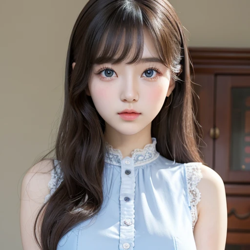 Beautiful young Korean girl, cute, pretty, between 19-21 years old, white skin, big eyes, doll eyes, flirty style of dress, blue eyes, wavy hair, long brown