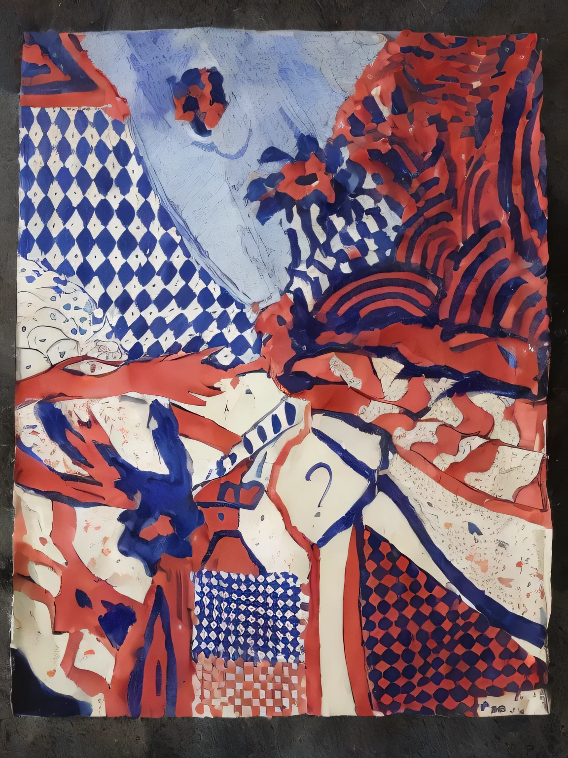 um close de uma bandana vermelha e azul com um cavalo, inspired Direction: Pierre Alechinsky, inspirado em Sadao Watanabe, textile print, vintage 70s print, vintage printing 8 0 s, vintage 80's printing, inspirado em Nathaniel Pousette-Dart, Direction: Pierre Alechinsky, Direction: Ayako Rokkaku