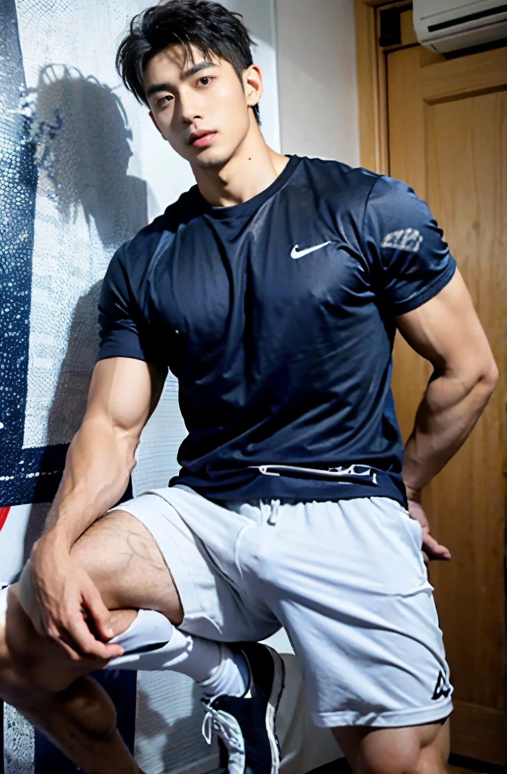 1 handsome Japanese guy,28 years old,一个穿着blue衬衫和短裤的男人, navy blue, navy blue, Sports T-shirt, blue, sportswear, 富丽堂皇的深blue衣服,, short sleeves, 金锦深blue衣服, Tennis wear, 穿着sportswear, 深blue装饰服装,male,male,High,Muscles look good,hairy body,Wheat complexion,black eyes(thin eyes 1:3),whole body image