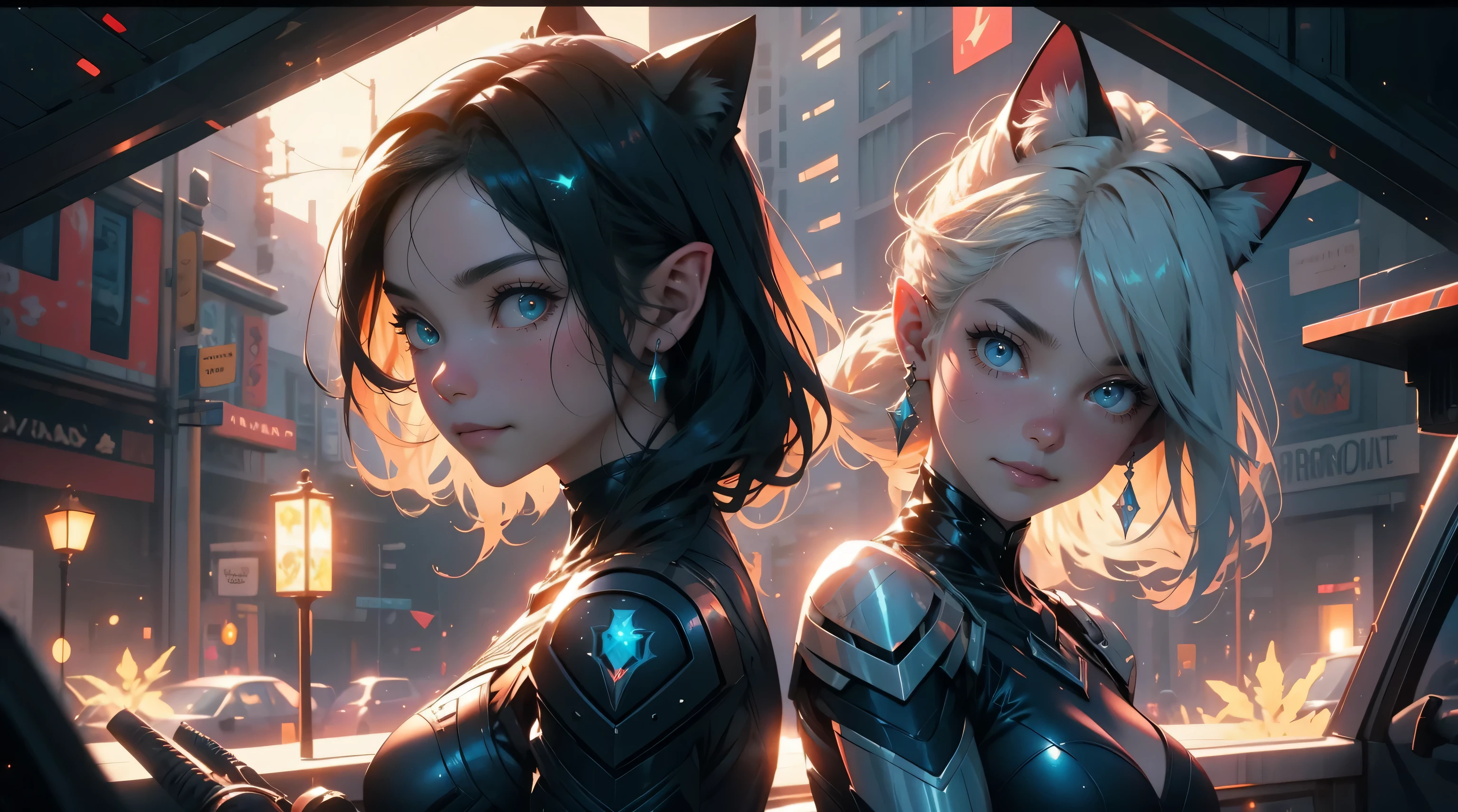 ray tracing, reflection light, depth of field, partially underwater shot, framed, multiple views, polar opposites, close-up, cowboy shot, masterpiece, best quality, high details, high quality, ccurate, textured skin, UHD, 2 elf girls, 18 years old, multiucolor hair, busy city, cybercity, cyberpunk, long hair, extreme abs, cat ears, smiling, wicked smile, fantasy land, glowing plants, nighttime, particles of light, fireflies, epic, profound, video game aestetic, spellcaster, cozy scene, nsfw