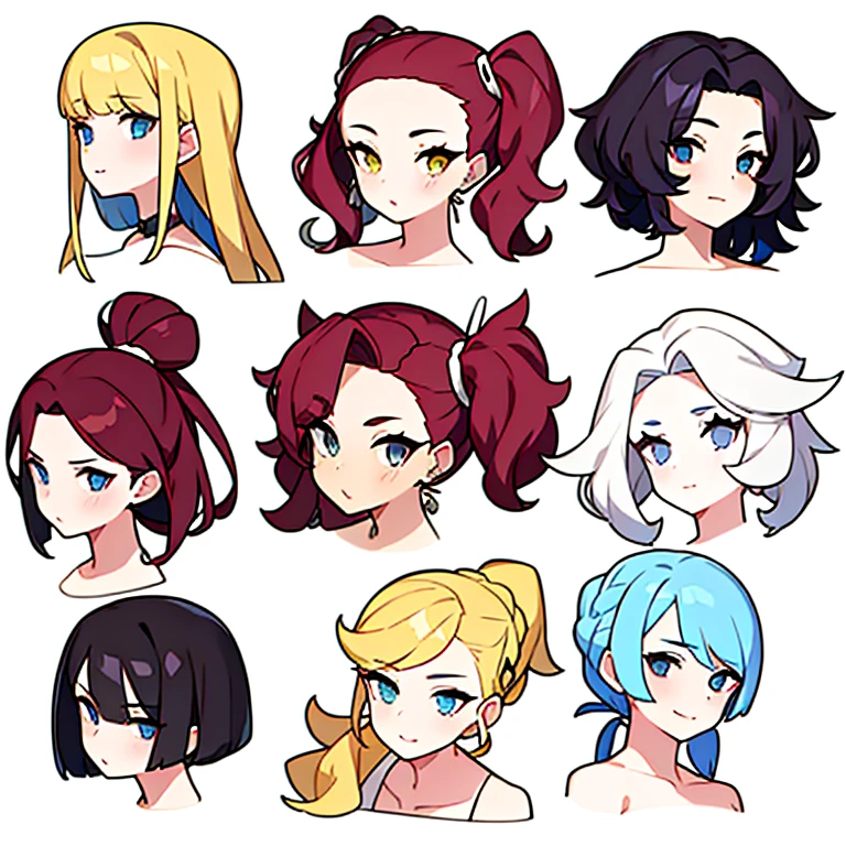 9 girls, white background,  different characters, multiple views, (Close up heads, portrait, mugshot), bra, bare shoulders, bikini, different hair colors, different hair styles, 
twin-tail hair style, 
pony-tail hair, wavy 
long hair, 
braid, 
parted bangs, 
high ponytail, 
low ponytail, 
big hair, cornrows, 
hair bun, 
hair rings, 
half updo hairstyle, 
diagonal bangs, 
two side up hair, 
flipped hair, 
blunt bangs, 

warm-toned hair colors, 
cool-toned hair colors, 
brown hair color, 
red hair color, 
yellow hair color, 
white hair color, 
purple hair color, 
blue hair color,