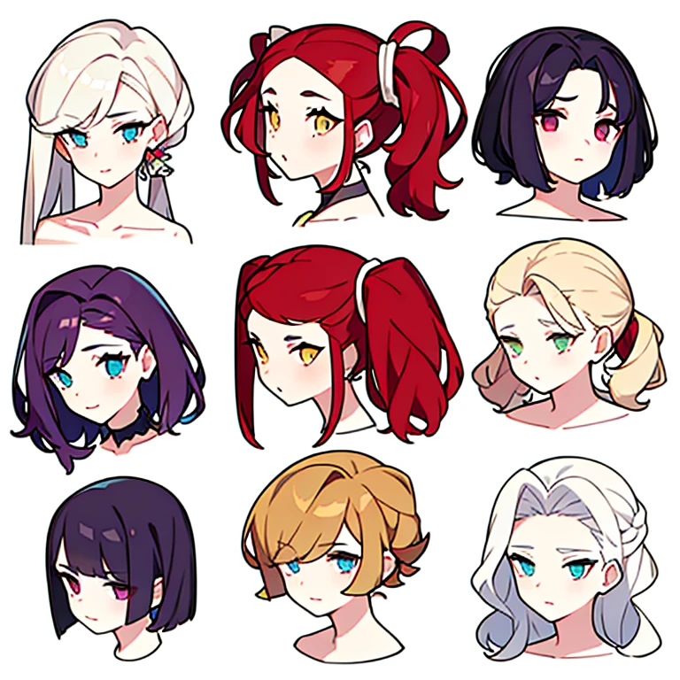 9 girls, white background,  different characters, multiple views, (Close up heads, portrait, mugshot), bra, bare shoulders, bikini, different hair colors, different hair styles, 
twin-tail hair style, 
pony-tail hair, wavy 
long hair, 
braid, 
parted bangs, 
high ponytail, 
low ponytail, 
big hair, cornrows, 
hair bun, 
hair rings, 
half updo hairstyle, 
diagonal bangs, 
two side up hair, 
flipped hair, 
blunt bangs, 

warm-toned hair colors, 
cool-toned hair colors, 
brown hair color, 
red hair color, 
yellow hair color, 
white hair color, 
purple hair color, 
blue hair color,