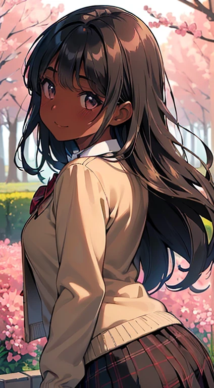 ((desktop, best quality, high quality, art, high resolution, nffsw, detailed, pixel perfect, perfect, detailed, absurd, ultra 8K HD, nffsw, nffsw))), 1 dark skinned woman, beautiful black girl, single, alone, beauty、full body seen、((medium wavy hair, bangs, bright olive skin, black hair, dark skin)), ((brown eyes, beautiful eyelashes, olive skin, realistic eyes)), ((detailed face , blush: 1.2)), ((soft texture: 0.75, realistic texture: 0.65, photorealistic: 1.1, CG anime style)), medium breasts, dynamic angle, beautiful and perfect body, (( red bow tie, school uniform, black jacket , open jacket, brown cardigan, white shirt, black skirt, plaid skirts)), in a park with trees and flowers、Looking at the viewer、Very embarrassing panic smile,wallpaper, I turned around、leaning forward、(The wind blew my skirt and exposed my butt. ........ . .. .. ... ..、Touch the buttocks with both hands、White panties) 、