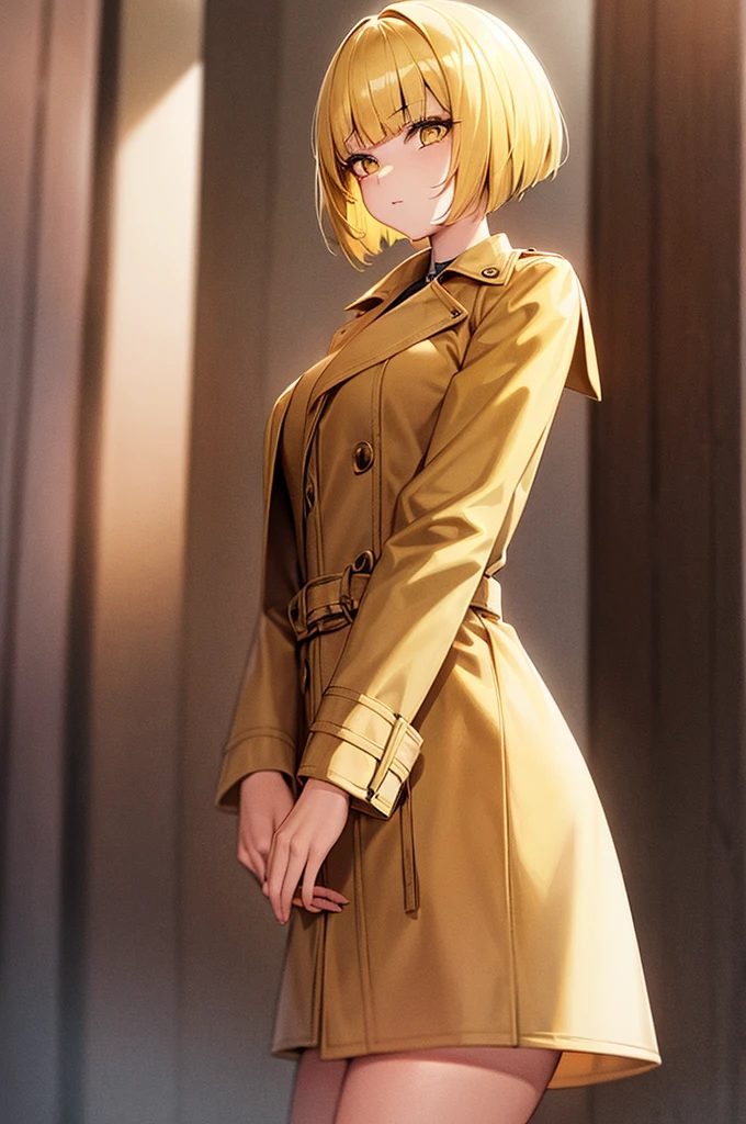 beautiful girl Schoolgirl style bright yellow bob cut beautiful yellow eyes wearing a brown trench coat