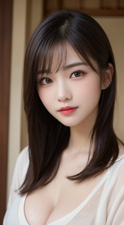 ((highest quality、8K、masterpiece:1.3))，(((Japanese)))，an extremely beautiful and delicate，(light makeup)，black hair，gentle smile，繊細でbeautiful色白肌，Realistic and realistic，exquisite and complete facial features，detailed depiction of the face，high nose bridge，red lips，beautiful, 優しくてbeautiful女の子，smooth hair，highly detailed hair，Feminine temperament，fill your face with light，surreal，realistic，8K quality，very detailed，realistic details，works of masters，Extremely realistic，Big Body，big breasts、beautiful，pure desire，stunning beauty，unparalleled beauty，best image quality，8K resolution，smile，detailed facial features，big long thick legs，Japanese high school uniform，Light of the sun，towards the camera，The body is well-proportioned and strong，gentle eyes，thighs，standing posture，full body photo、cleavage,like々Healthy，(((thin eyebrows)))、high school girl