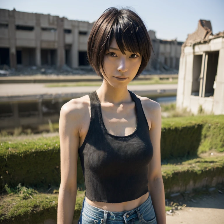 A Japanese Lady, look at viewr, ((very Short hair)), (((skinny:1.3)), 27-years old . day, Outdoors, Post-apocalypse, Ruins, tank top,