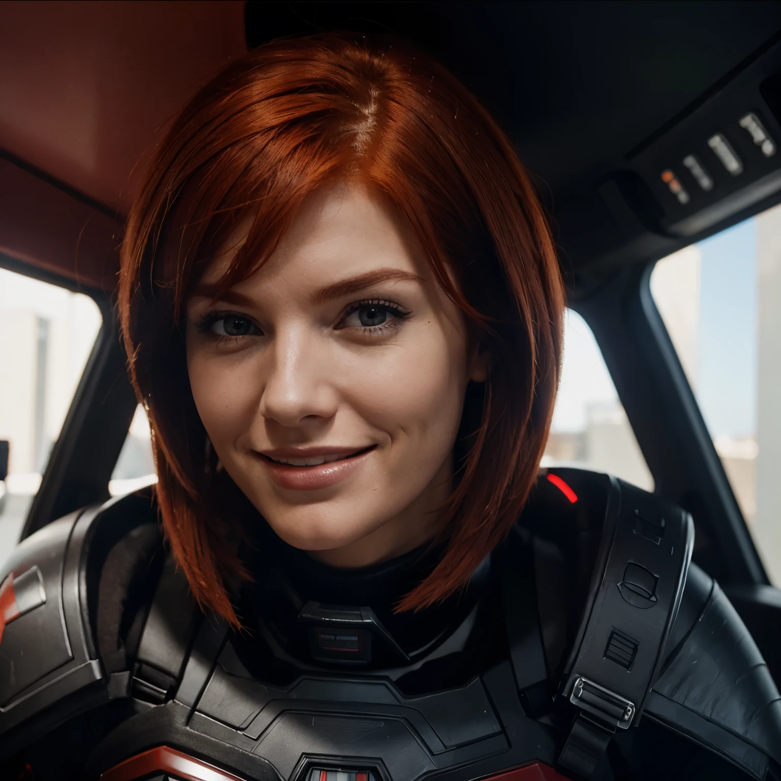 Red head femshep portrait smiling, view from neck up
