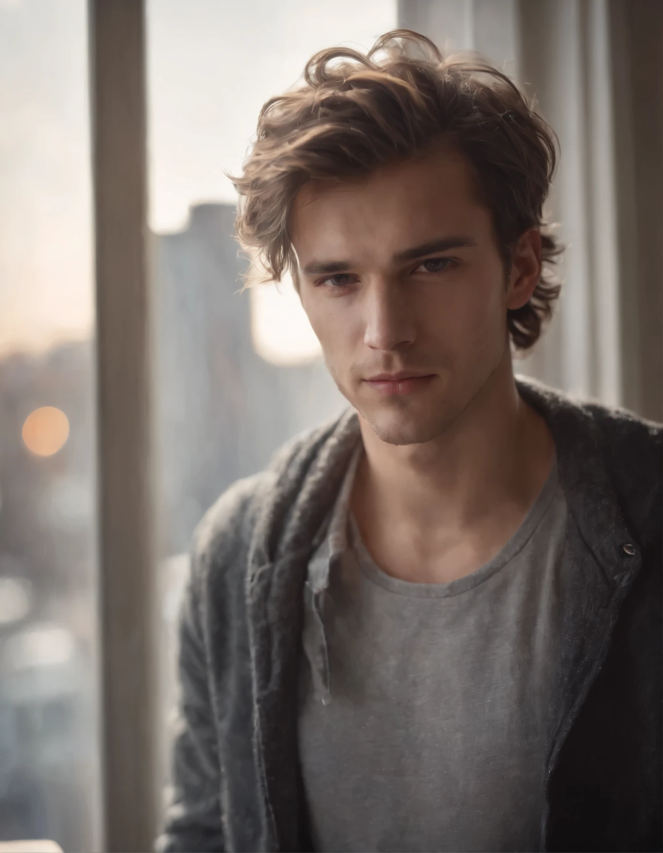 A handsome young man with messy hair is reading out of a window, luminous reflections, city portraits, dark slate and light silver, multiple filter effect