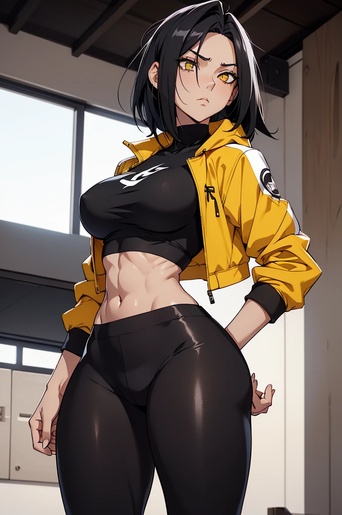 1 girl, two-tone hair, black on top, white on bottom 1 gilr, ,perfect anatomy girl muscular girl toned body girl large breasts girl thick girl angry girl best quality girl black hair girl yellow eyes girl pale girl pale girl,linda mulher morena, musculosa , usando short legging withe, meia calça preta, cabelo curto, belos olhos, olhos lindos, amarelos, camisa branca, jaqueta de couro preta, shorts, short legging white, cidade beco escuro pantyhose black, two-tone hair, black on top, white on bottom