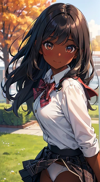 ((desktop, best quality, high quality, art, high resolution, nffsw, detailed, pixel perfect, perfect, detailed, absurd, ultra 8K HD, nffsw, nffsw))), 1 dark skinned woman, beautiful black girl, single, alone, beauty、full body seen、((medium wavy hair, bangs, bright olive skin, black hair, dark skin)), ((brown eyes, beautiful eyelashes, olive skin, realistic eyes)), ((detailed face , blush: 1.2)), ((soft texture: 0.75, realistic texture: 0.65, photorealistic: 1.1, CG anime style)), medium breasts, dynamic angle, beautiful and perfect body, (( red bow tie, school uniform, black jacket , open jacket, brown cardigan, white shirt, black skirt, plaid skirts)), in a park with trees and flowers、Looking at the viewer、Very embarrassing panic smile,wallpaper, I turned around、leaning forward、(The wind blew my skirt and exposed my butt. ........ . .. .. ... ..、Touch the buttocks with both hands、White panties) 、