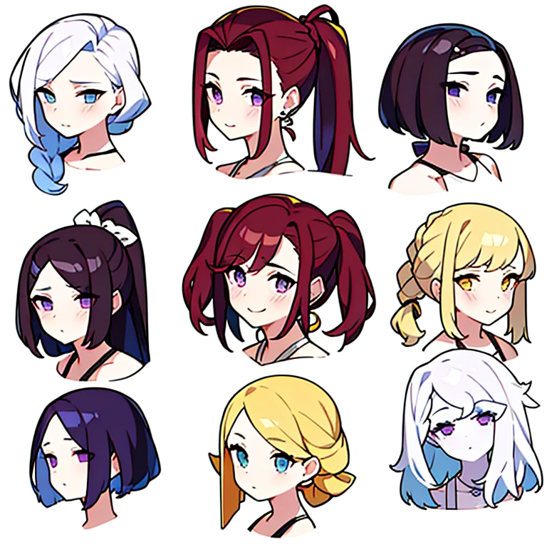 9 girls, white background, different characters, multiple views, (Close up heads, portrait, mugshot), bra, bare shoulders, bikini, different hair colors, different hair styles,
twin-tail hair style,
pony-tail hair, wavy
long hair,
braid,
parted bangs,
high ponytail,
low ponytail,
big hair, cornrows,
hair bun,
hair rings,
half updo hairstyle,
diagonal bangs,
two side up hair,
flipped hair,
blunt bangs,
warm-toned hair colors,
cool-toned hair colors,
brown hair color,
red hair color,
yellow hair color,
white hair color,
purple hair color,
blue hair color,