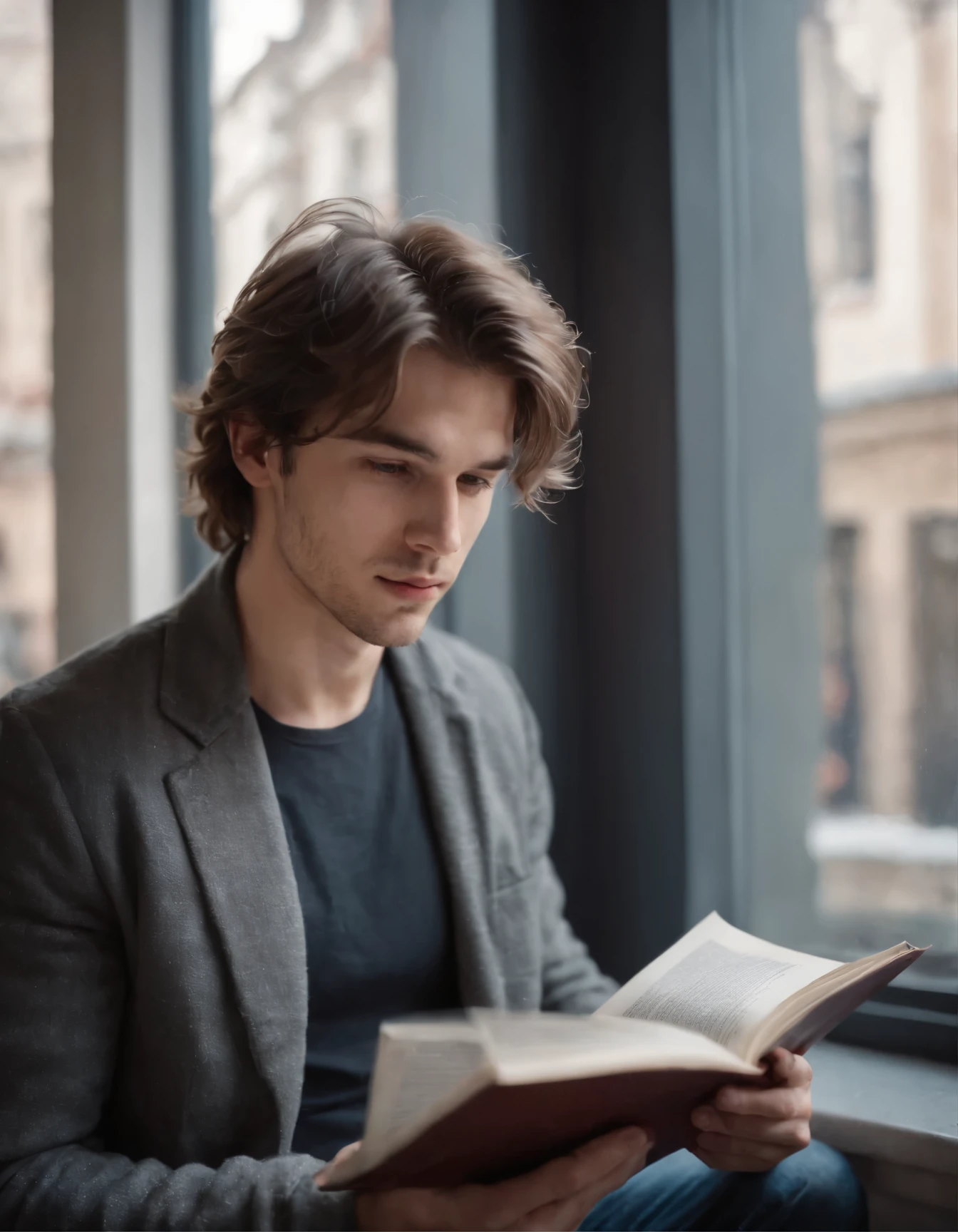 A handsome young man with messy hair is reading out of a window, luminous reflections, city portraits, dark slate and light silver, multiple filter effect