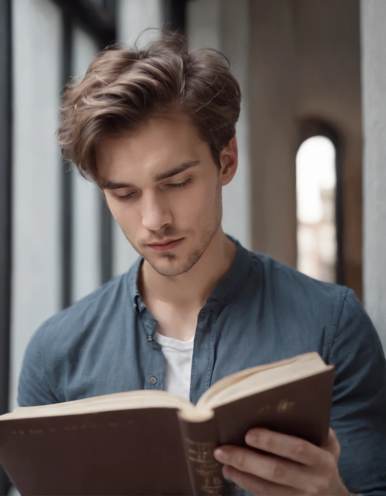 A handsome young man with messy hair is reading out of a window, luminous reflections, city portraits, dark slate and light silver, multiple filter effect