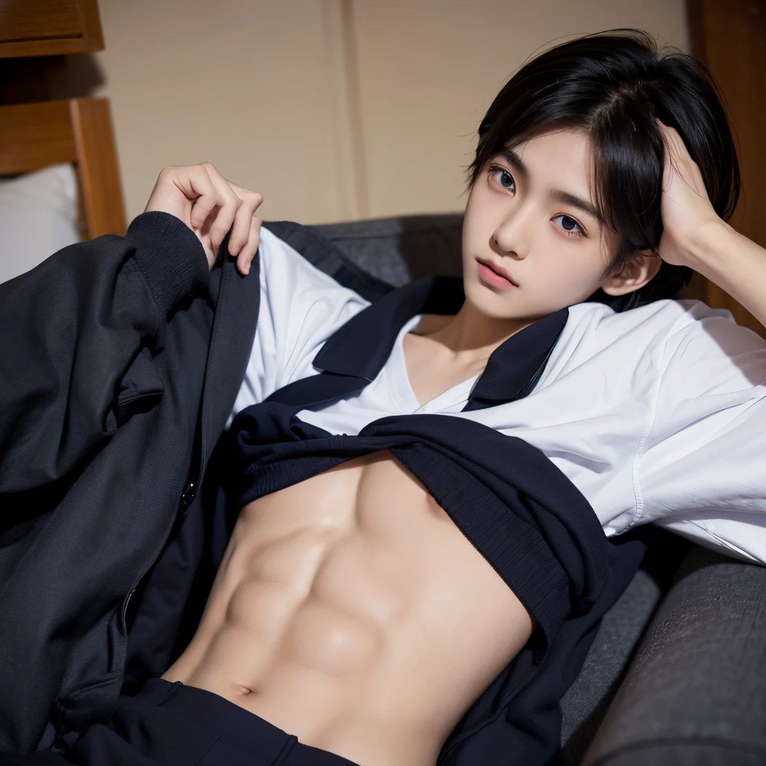 18 years old boy,School uniform tops,no clothes are worn,Expose the reproductive organs,abdominal muscles