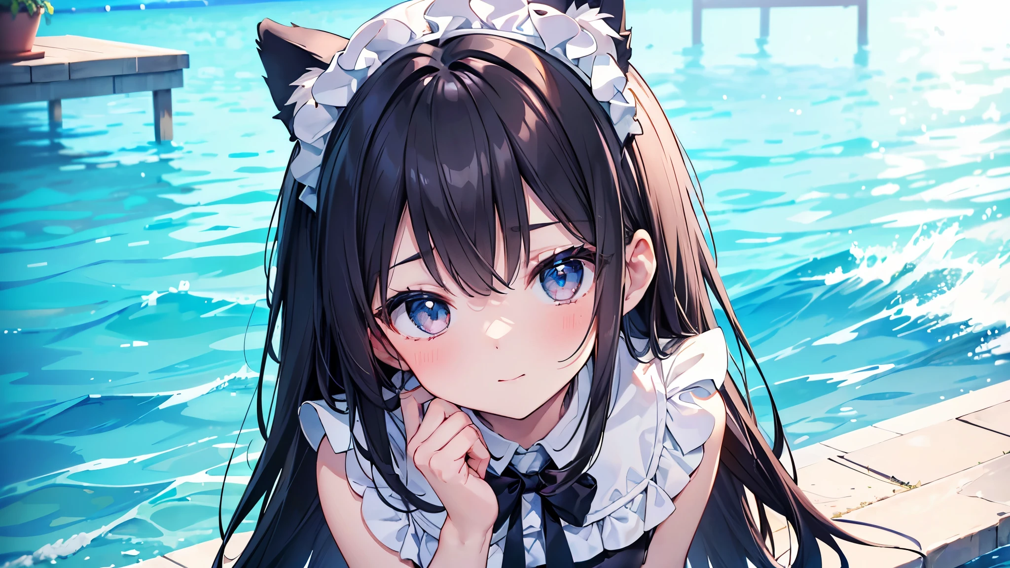 ((masterpiece、4K、8K、highest quality: 1.perfect fingers: 1.perfect anatomy: 1.3、background blur))、((Super precise expression))、((white ruffles、black maid leotard))、((、thin、small face、dog ears、super beautiful girl、straight long hair))、beautiful eyes:1.1、smile、(Pose with hands on hips)、blue sky、mansion by the sea、Poolside、white sand beach、grass、