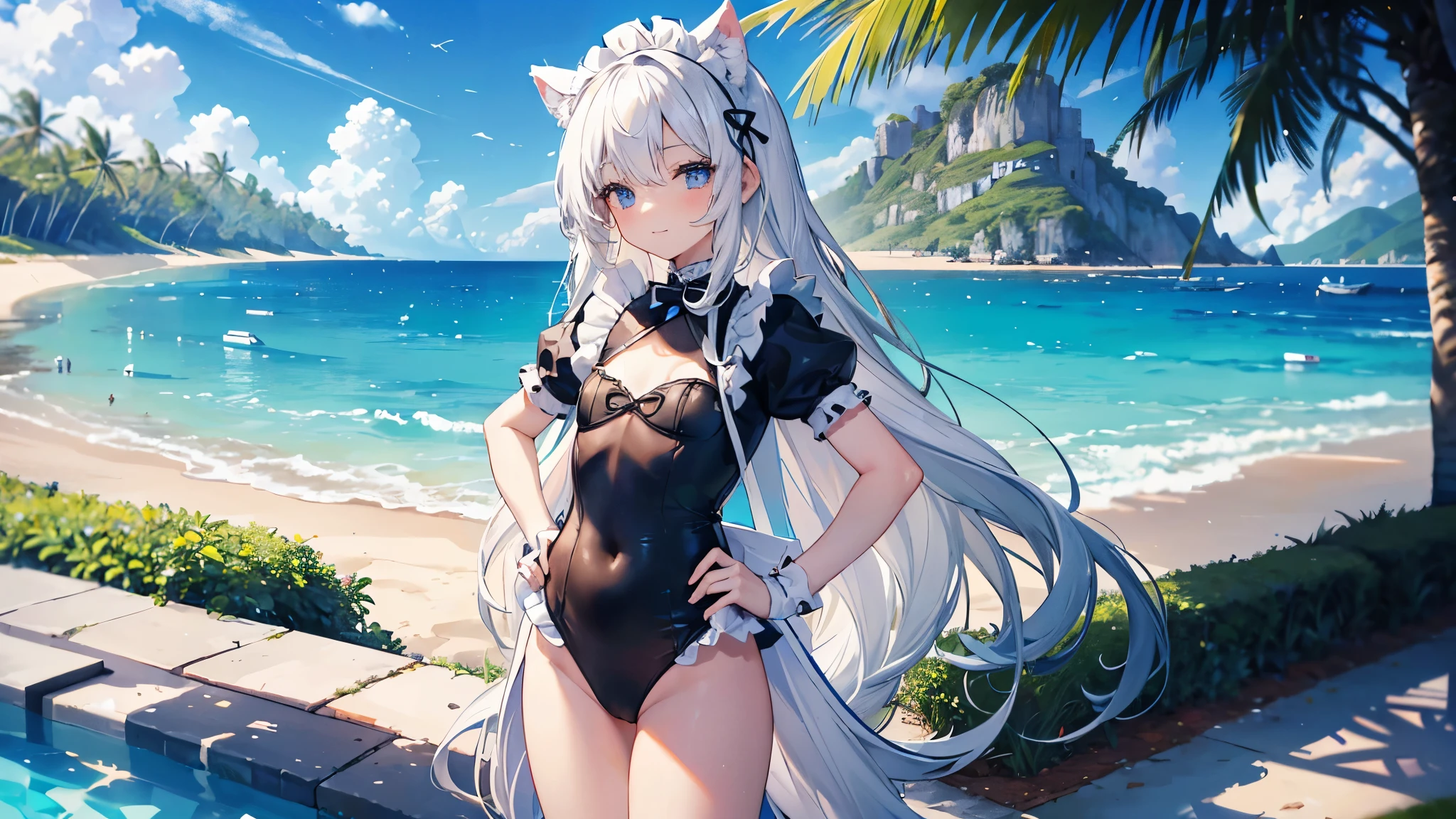 ((masterpiece、4K、8K、highest quality: 1.perfect fingers: 1.perfect anatomy: 1.3、background blur))、((Super precise expression))、((white ruffles、black maid leotard))、((、thin、small face、dog ears、super beautiful girl、straight long hair))、beautiful eyes:1.1、smile、(Pose with hands on hips)、blue sky、mansion by the sea、Poolside、white sand beach、grass、