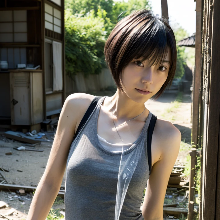 A Japanese Lady, look at viewr, ((very Short hair)), (((skinny:1.3)), 27-years old . day, Outdoors, Post-apocalypse, Ruins, see-through tank top,