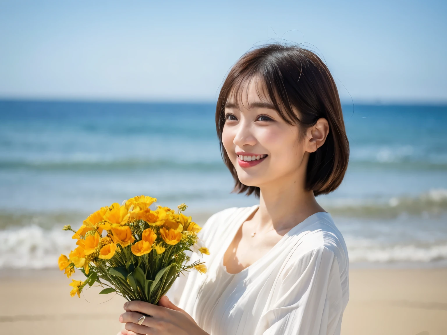 Early Morning Light、(8K、Raw photo、highest quality、masterpiece:1.2)、High-definition RAW color photo、professional photos、(realistic、photo realistic:1.37)、cinematic light、1 Japanese woman、laughter、(holding a bouquet)、smile、Shot on the beach、((blur the background))、Versatile poses、white blouse、simple necklace、(Beautiful profile:1.3)、Don't look at the camera、profile、bob、bobヘア、bob cuts、ロングbob、realistic、from side、 upper body、From Side、I'm disappointed、Shot in natural light、profile、side view、1 woman、A photo showing the upper body、wide angle