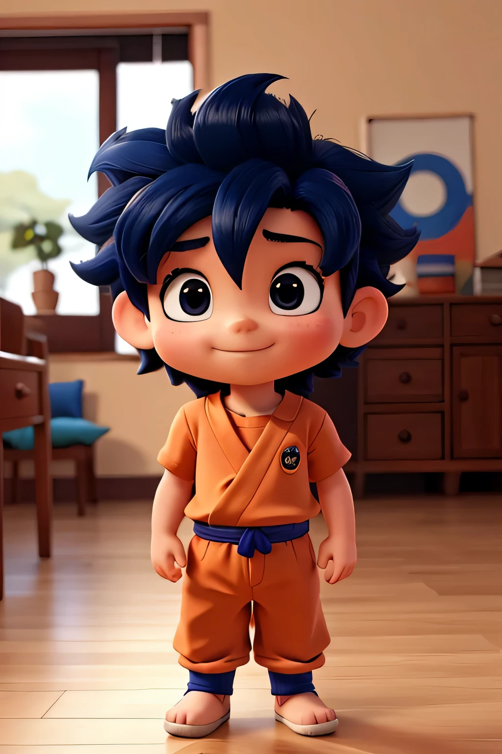 crie um baby goku, usando fraldas e cabelos pretos.