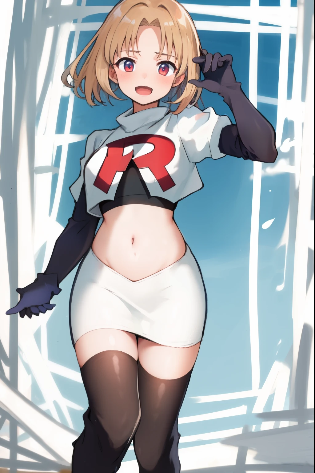 absurdres,masterpiece, best quality, highres, high quality, 1girl, chubby,fat,team rocket,team rocket uniform,white skirt,red letter R,crop top,black thigh-highs,black elbow gloves,