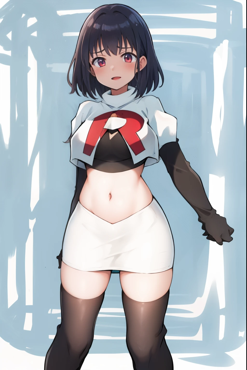 absurdres,masterpiece, best quality, highres, high quality, 1girl, chubby,fat,team rocket,team rocket uniform,white skirt,red letter R,crop top,black thigh-highs,black elbow gloves,