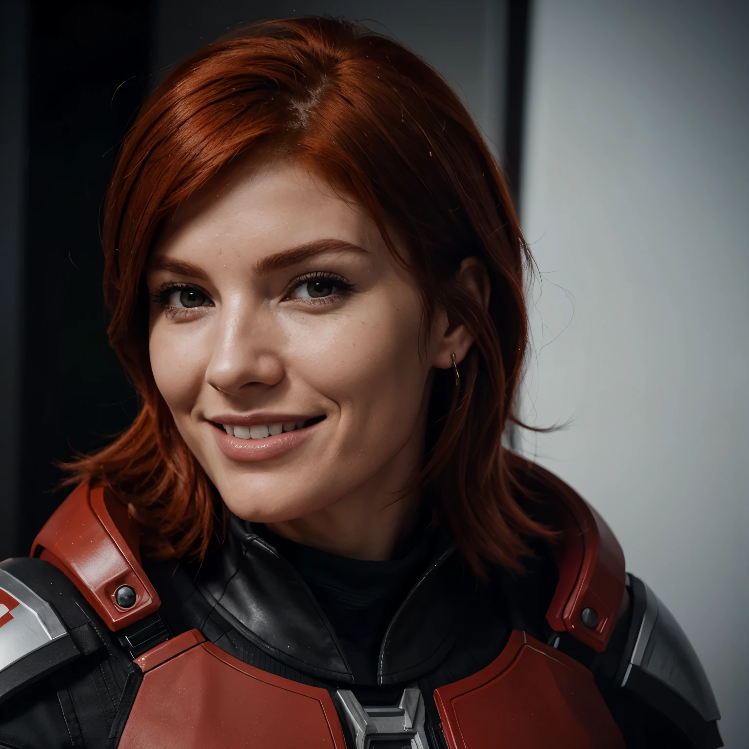 Red head femshep portrait smiling, view from neck up