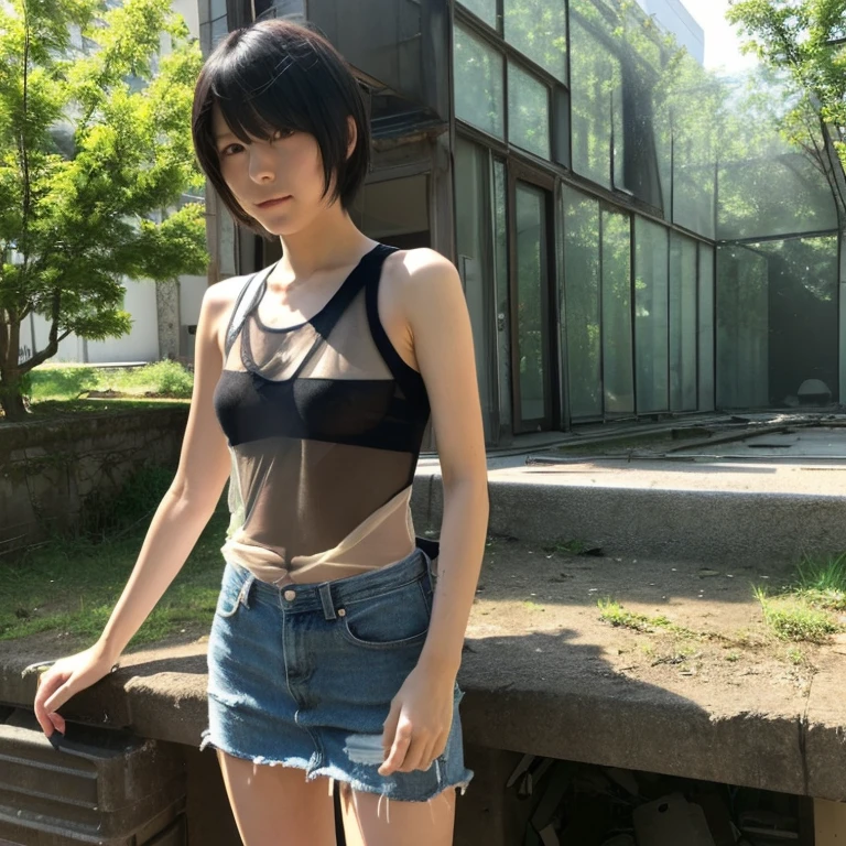 A Japanese Lady, look at viewr, ((very Short hair)), (((skinny:1.3)), 27-years old . day, Outdoors, Post-apocalypse, Ruins, ((see-through tank top)), full body,