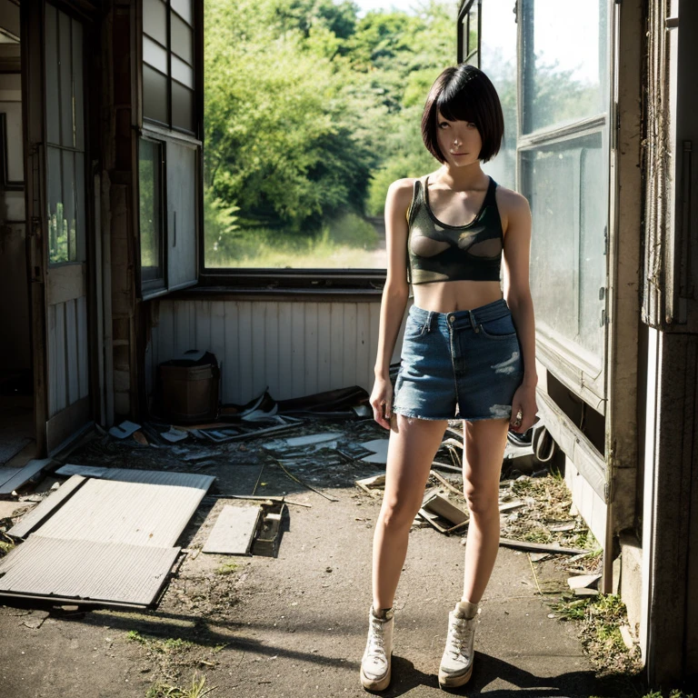 A Japanese Lady, look at viewr, ((very Short hair)), (((skinny:1.3)), 27-years old . day, Outdoors, Post-apocalypse, Ruins, ((see-through tank top)), full body,