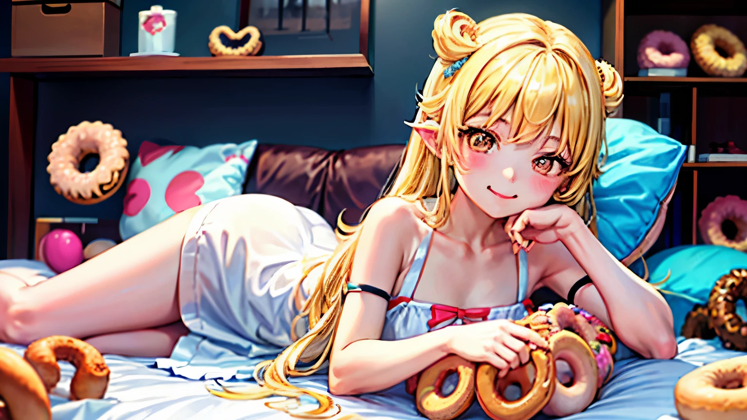 Highest image quality、detailed description、cute girl、shinobuYoung, masterpiece, highest quality, 1 girl, blonde hair, alone, close, smile, brush sticker, clavicle, pillow, (donut:1.2), stuffed toy, on the bed, closed mouth, tooth, (Chin rest:1.5), (white dress:1.1)